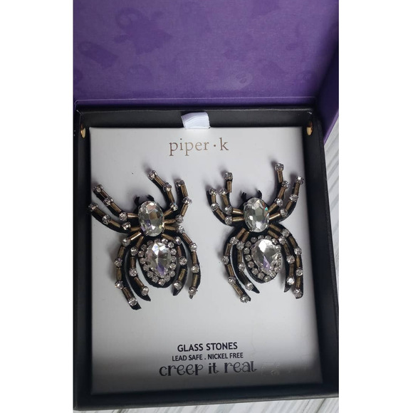 Piper K " Creep It Real" Glass Stone Bling Spider Earrings 2" Long - Picture 1 of 4